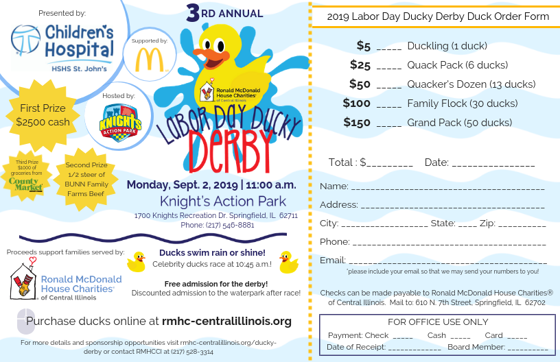Ronald McDonald House Charities® of Central Illinois (RMHCCI) will hold their annual Labor Day Ducky Derby on Monday, September 2, 2019 at 11:00 a.m. at Knight’s Action Park. 